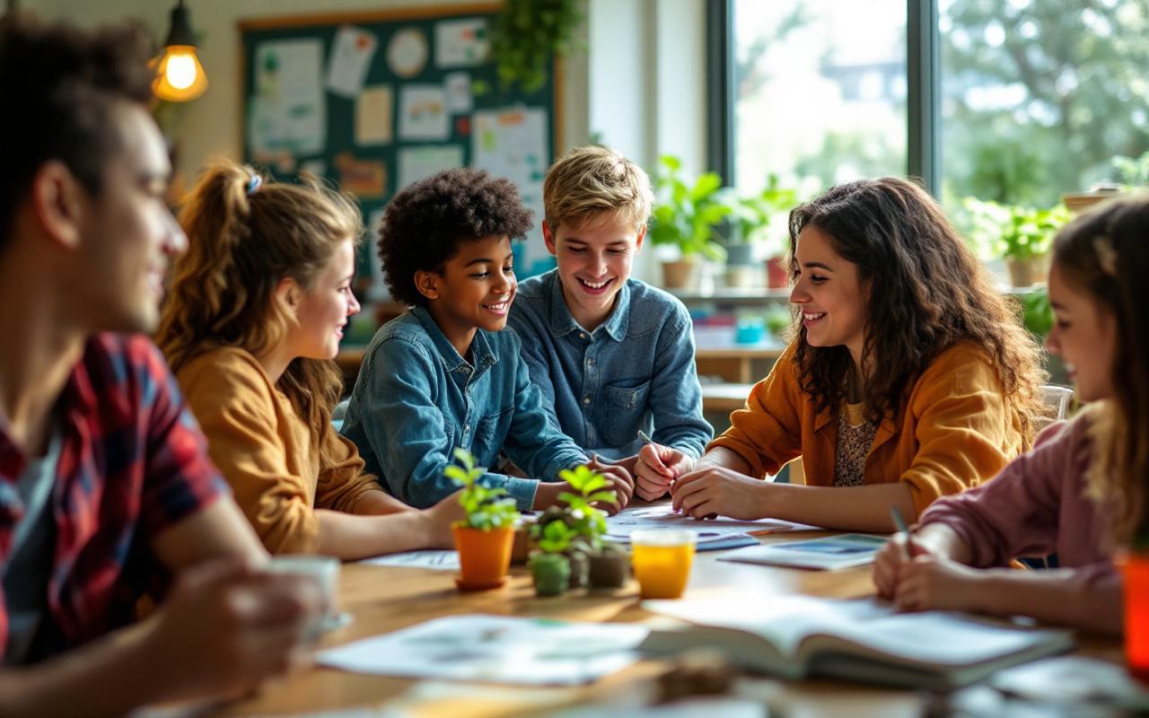 Des étudiants discutent de projets environnementaux dans une salle de classe, entourés de matériel éducatif sur l'écologie, illustrant l'enthousiasme et la collaboration.