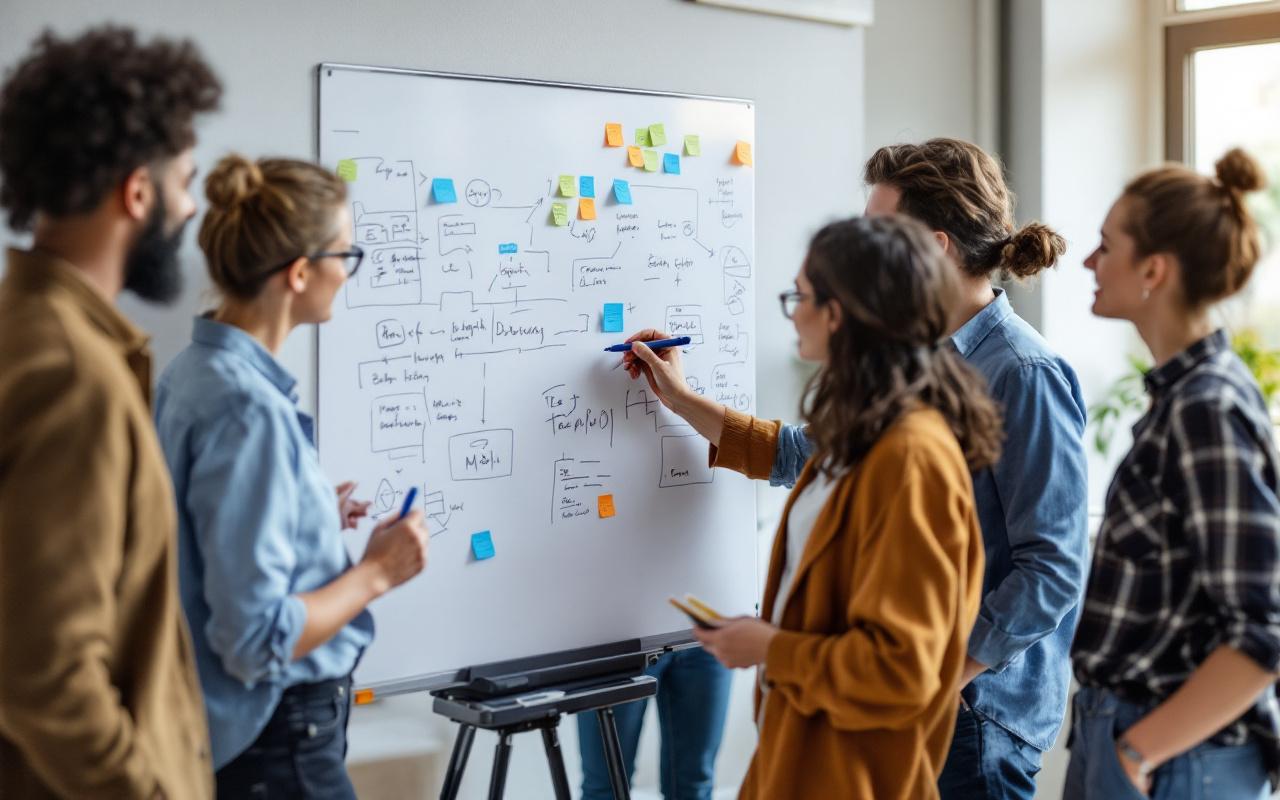 Photo réaliste d'un atelier d'équipe : plusieurs collègues collaborent devant un grand tableau blanc rempli de notes adhésives, schémas et marqueurs, avec ordinateurs et tasses de café, sous une lumière naturelle douce, ambiance concentrée.