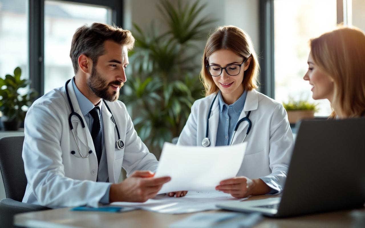 Deux partenaires médicaux discutent de la couverture d'assurance dans un bureau moderne, examinant des documents et un ordinateur portable, expressions concentrées, lumière naturelle douce avec rayons volumétriques, ambiance professionnelle et chaleureuse.