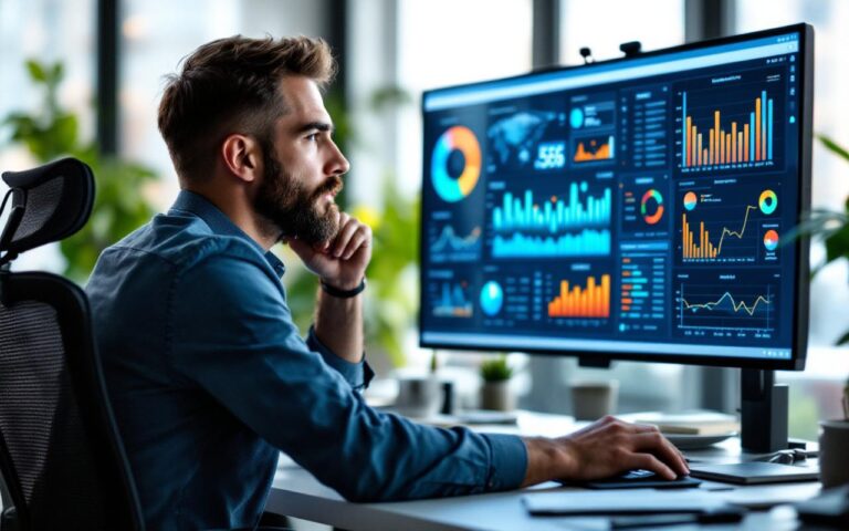 Responsable RH examinant un tableau de bord KPI sur un grand écran dans un bureau moderne, lumière douce volumétrique, graphiques et chiffres visibles, expression concentrée.