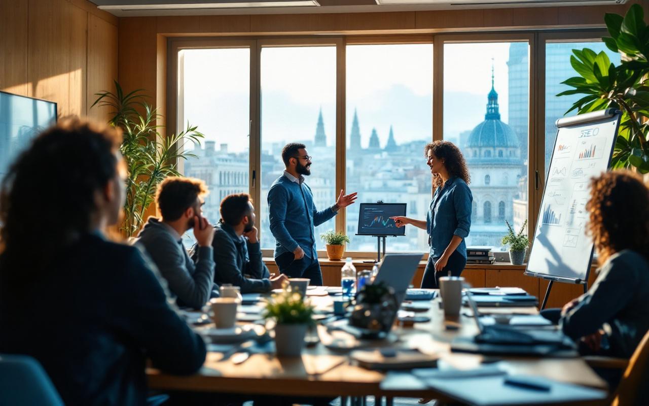 Un formateur SEO anime un groupe divers dans une salle de classe à Lyon, autour d'un ordinateur portable et d'un tableau blanc, lumière douce et volumétrique traversant de grandes fenêtres, ambiance chaleureuse et naturelle.