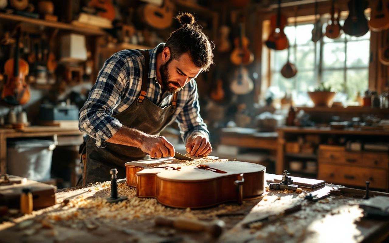 un-luthier-taille-la-table-dun-violon-sur-un-etabli-en-bois-gros-plan-sur-ses-mains-et-un-ciseau-copeaux-autour-outils-et-violons-suspendus-en-arriere-plan-lumiere-douce-de-fenetre-creant-une