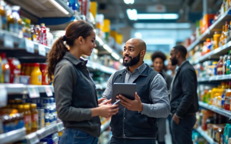 Jeune gérant de magasin supervise une équipe dans une allée de supermarché, tenant une tablette, employés divers réapprovisionnant des rayons bien remplis, éclairage chaud volumétrique créant des accents jaunes, ambiance réaliste et professionnelle.
