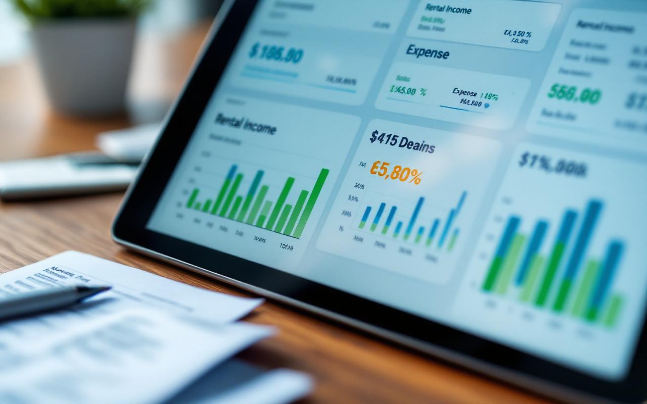 Gros plan d'un tableau financier sur écran montrant revenus locatifs et dépenses, graphiques à barres et en courbe, totaux mis en évidence, reçus et stylo posés sur un bureau en bois, lumière douce et arrière-plan flou.