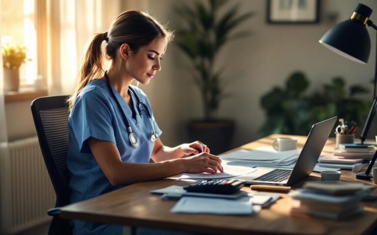 Infirmière assise à un bureau triant des reçus et des factures, lumière naturelle douce avec rayons volumétriques, ordinateur portable et calculatrice visibles, expression concentrée, ambiance professionnelle et chaleureuse.