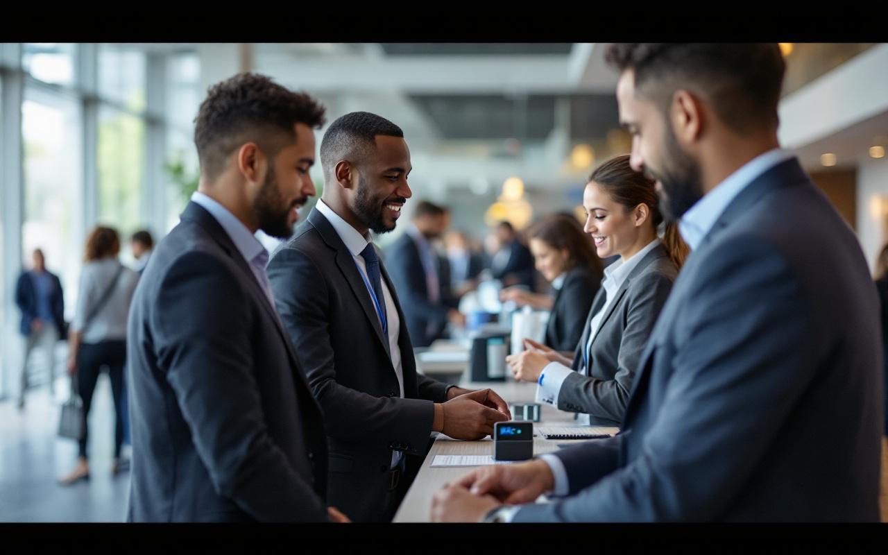 Participants utilisant des bracelets NFC au comptoir d'enregistrement d'une conférence professionnelle, personnel scannant les bracelets, ambiance lumineuse douce et naturelle, intérieur moderne, personnes en tenue professionnelle.