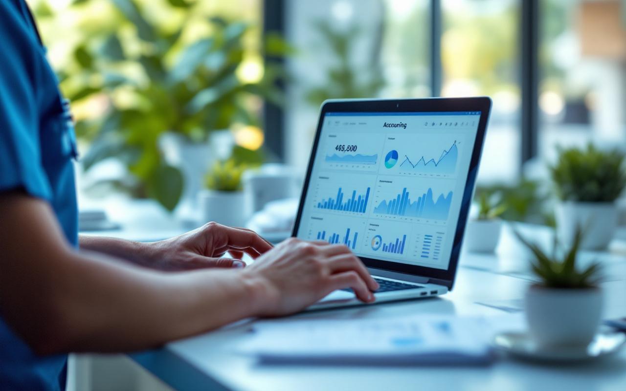 Professionnel de santé en tenue, assis à un bureau clinique, utilisant un ordinateur portable affichant un logiciel de comptabilité avec tableaux et graphiques, regard concentré, lumière naturelle douce, ambiance propre et professionnelle.