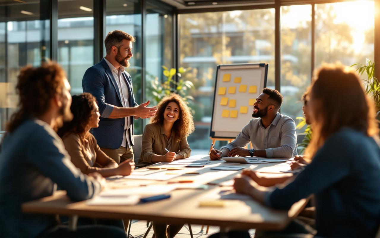 Un manager dirige une séance de débriefing après une activité de team building, debout devant une équipe diverse assise autour d'une table avec post-it et un paperboard, baignée d'une lumière naturelle douce et chaleureuse.