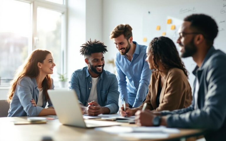 Équipe de bureau diverse participant à un atelier collaboratif, personnes de différentes origines et âges réunies autour d'une table avec ordinateurs portables, notes autocollantes et un tableau blanc, lumière naturelle vive traversant la pièce, ambiance chaleureuse et concentrée.