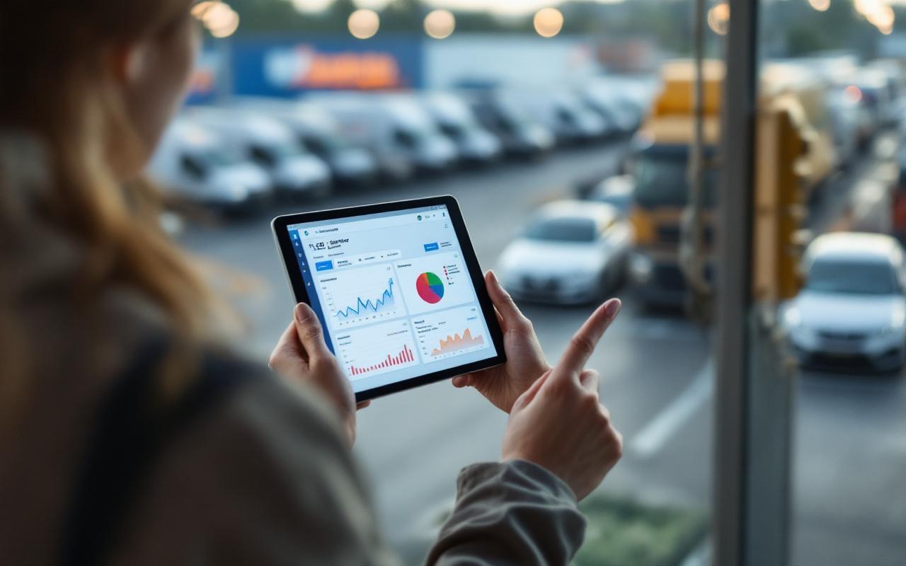 Une responsable de flotte analyse un tableau de bord digital sur une tablette tout en consultant les informations de véhicules de service sur un parking d’entreprise.