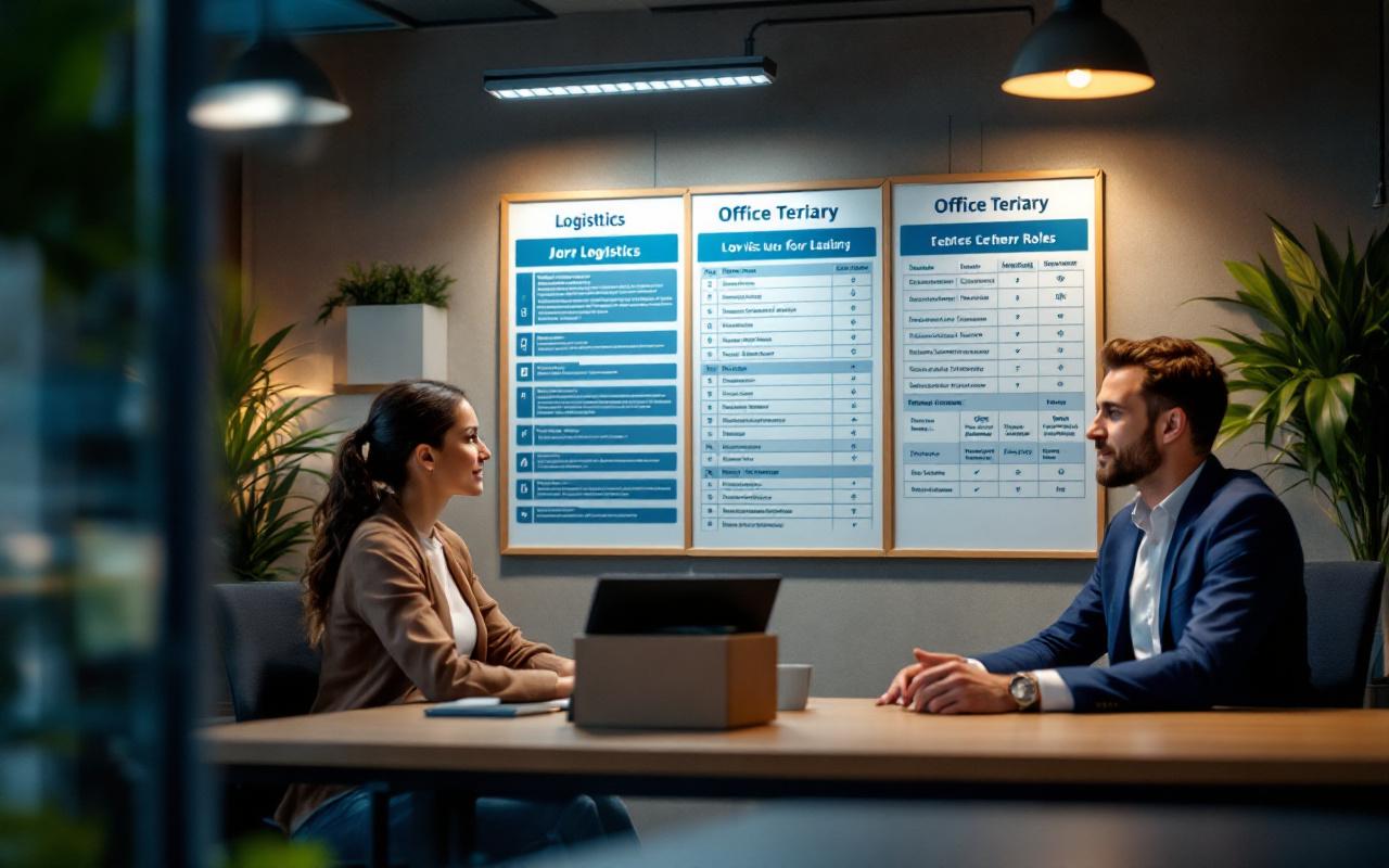 Scène de recrutement dans une agence d’intérim à Caen : une femme candidate discute avec un recruteur, et un tableau d’offres d’emploi présente des postes liés à la logistique et aux secteurs tertiaire.