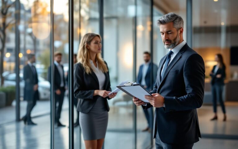 Vue urbaine de Caen avec un consultant en recrutement consultant des CV dans un espace professionnel moderne et des candidats attendant un entretien.