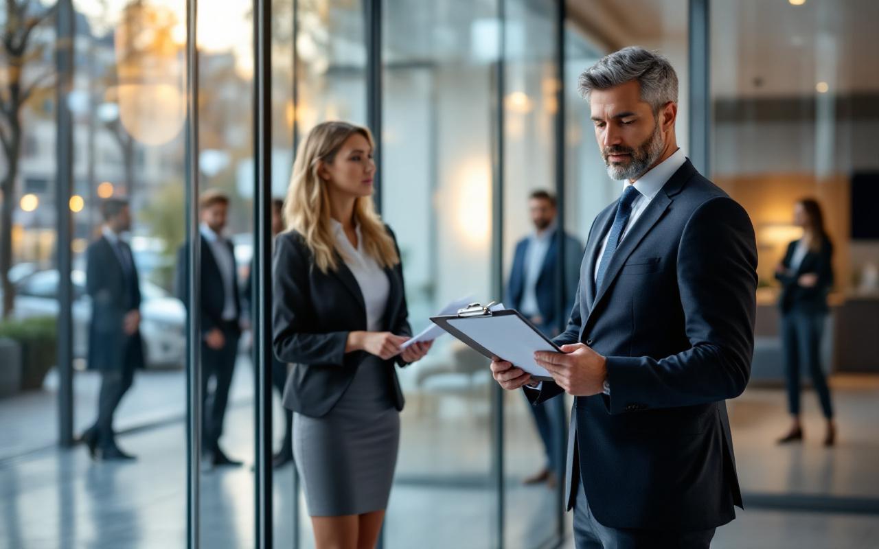 Vue urbaine de Caen avec un consultant en recrutement consultant des CV dans un espace professionnel moderne et des candidats attendant un entretien.