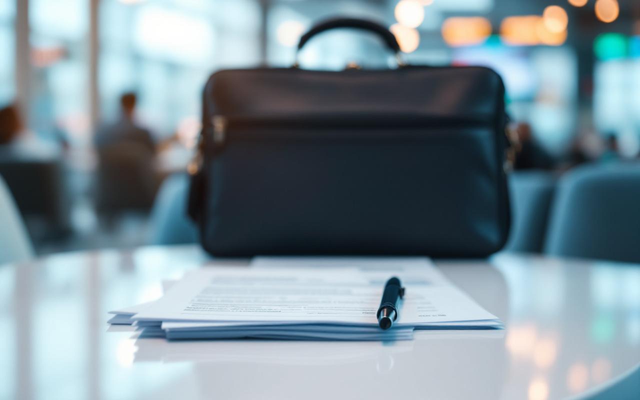 Cadre export en déplacement à l’aéroport, documents de voyage et contrat d’assurance posés sur une table, ambiance professionnelle internationale.