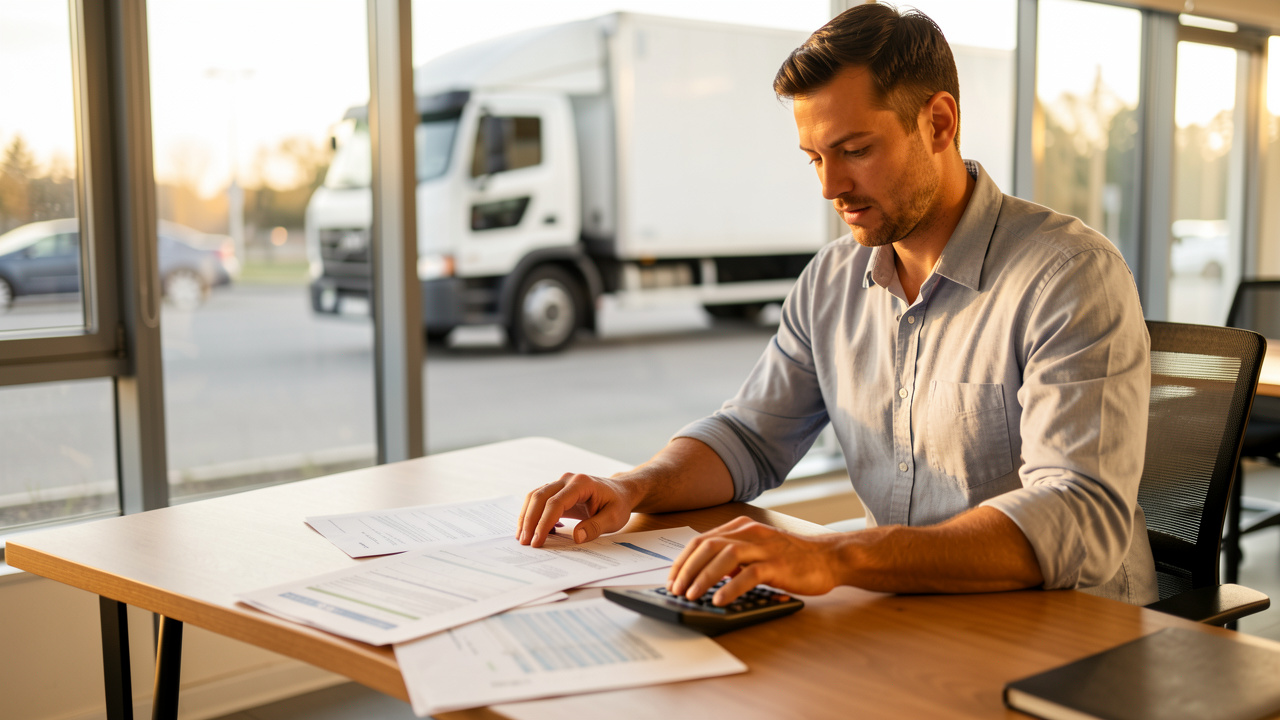 Un homme entrepreneur prépare le lancement de son entreprise dans un bureau moderne, consultant des documents financiers et des papiers liés au transport, avec un camion visible en arrière-plan flou.