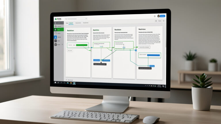 Interface d’historique sur un écran d’ordinateur montrant des versions successives et une traçabilité éditoriale mise en évidence.