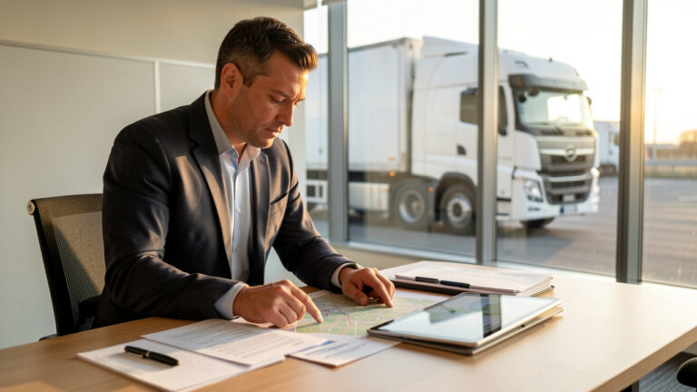 Un entrepreneur en bureau moderne prépare le lancement d’une entreprise de transport, avec un camion visible en arrière-plan à travers une fenêtre.