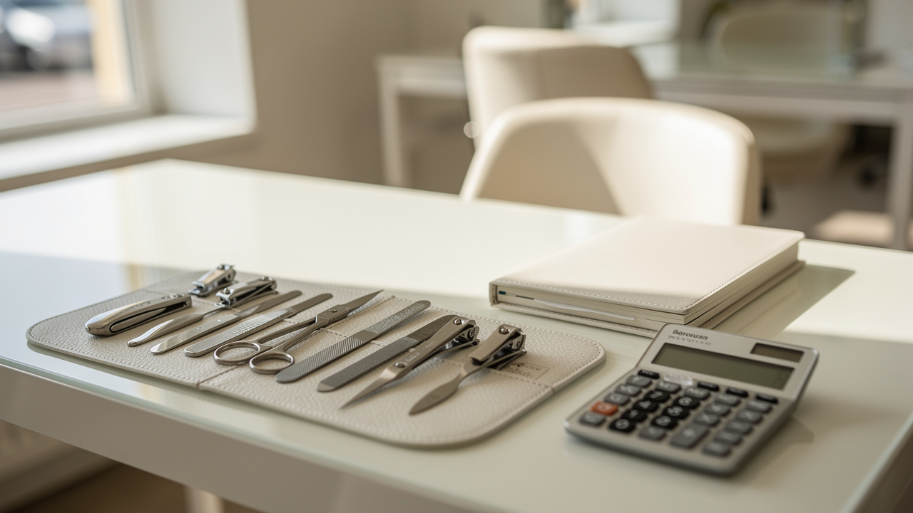 Table de manucure dans un salon avec du matériel professionnel, une planification de rendez-vous et des éléments pour estimer des revenus mensuels.