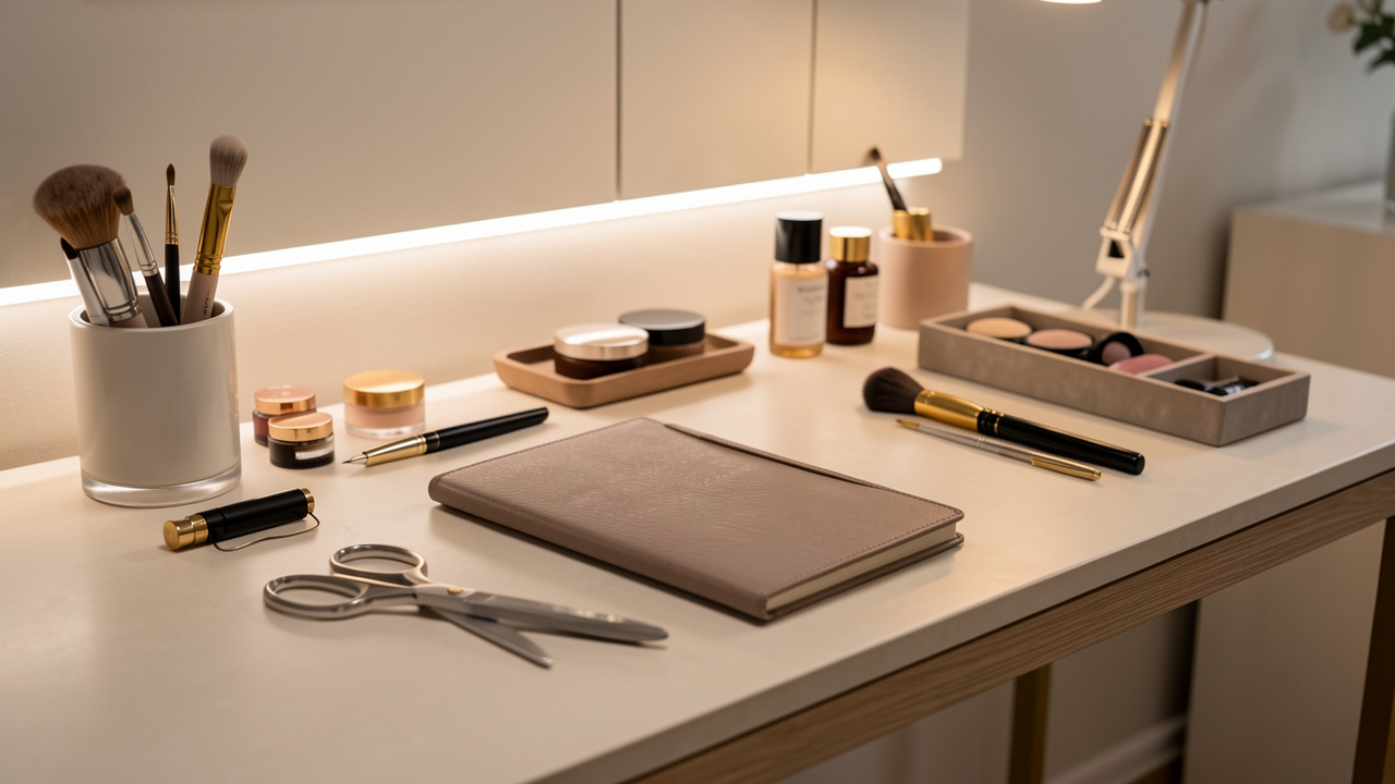Table de travail beauté élégante avec accessoires professionnels, carnet de gestion et ambiance lumineuse moderne, éclairage LED doux et détails nets.