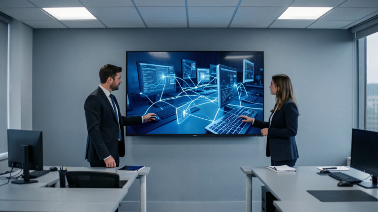 Équipe informatique composée de deux hommes et d’une femme supervisant un réseau sécurisé sur un écran dans un bureau professionnel moderne.
