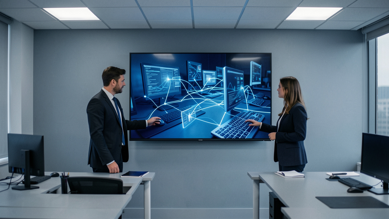 Équipe informatique composée de deux hommes et d’une femme supervisant un réseau sécurisé sur un écran dans un bureau professionnel moderne.