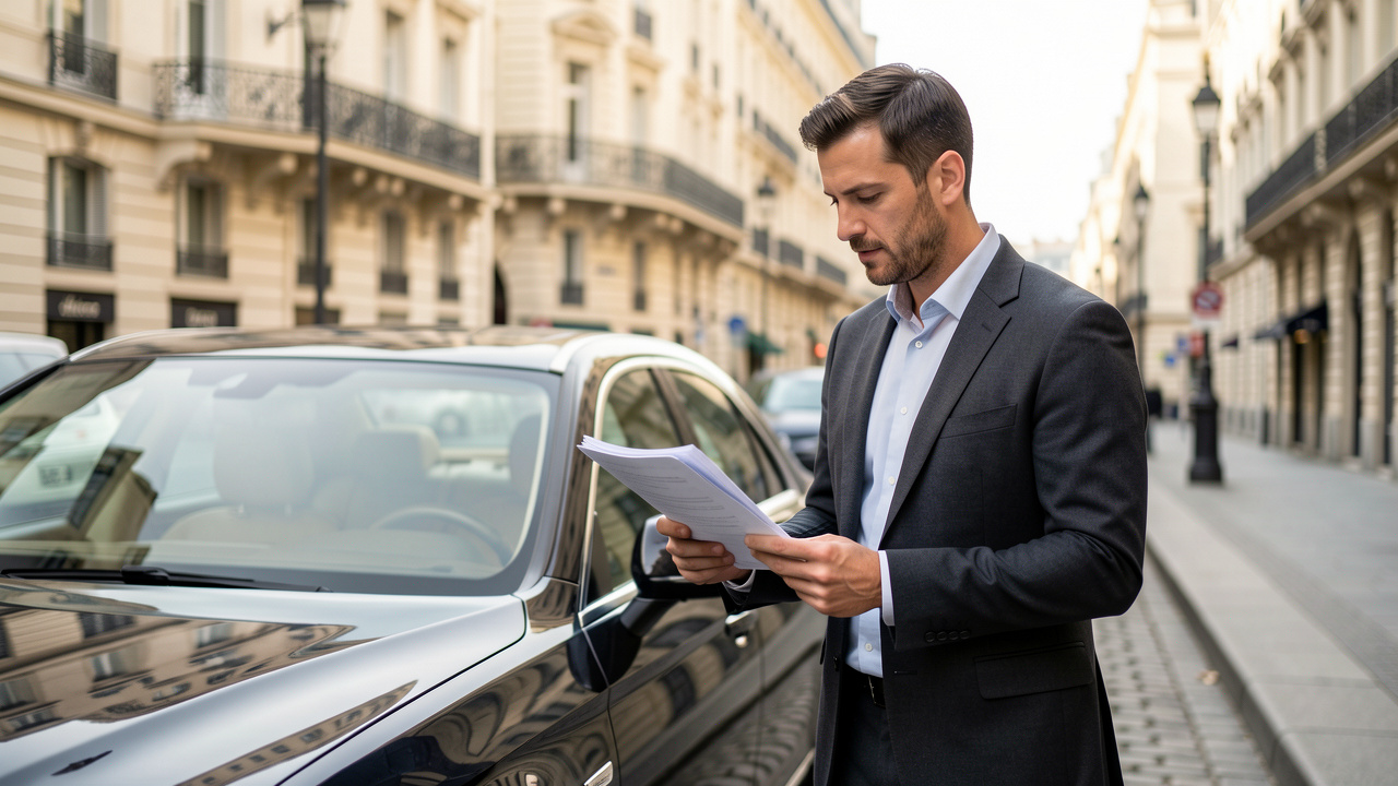 Un entrepreneur examine des documents budgétaires à côté d’une berline sombre dans une élégante rue parisienne bordée d’immeubles haussmanniens.