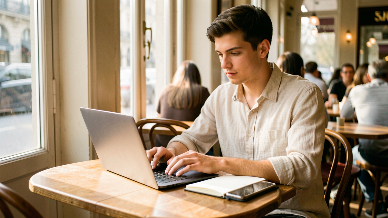 Un jeune homme travaille sur un ordinateur portable dans un café parisien lumineux, avec un carnet ouvert et un téléphone posés sur la table.