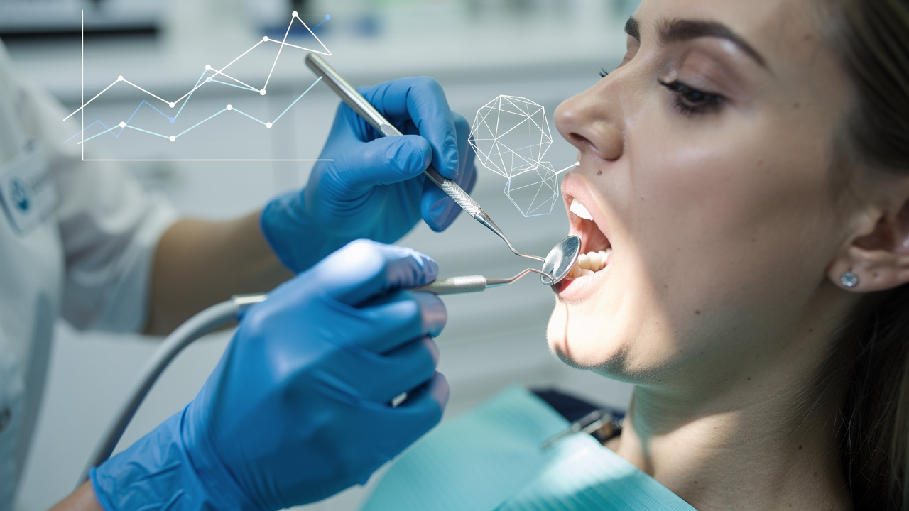 Gros plan réaliste sur les mains gantées d’une dentiste utilisant des instruments sur une dent, avec une superposition discrète de formes graphiques abstraites évoquant les indemnités et les charges fixes d’un cabinet.