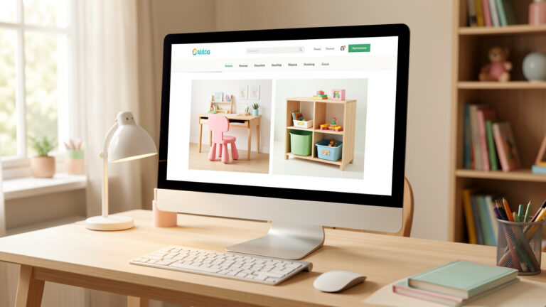 Écran d’ordinateur présentant visuellement du mobilier pour enfant dans un bureau lumineux, avec un petit bureau en bois, une chaise arrondie et un meuble de rangement, dans une ambiance professionnelle et chaleureuse.