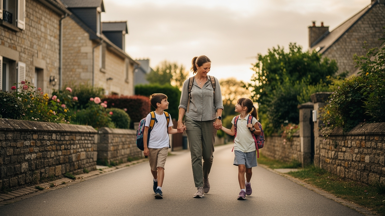 Une professionnelle de la garde d’enfants accompagne un garçon et une fille avec leurs cartables dans une rue résidentielle de Loire-Atlantique après l’école.