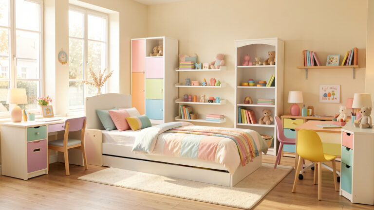 Showroom lumineux présentant une chambre d’enfant aménagée avec un lit, des rangements, un bureau et des accessoires colorés.