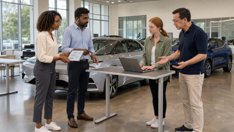 Une équipe diversifiée de deux femmes et deux hommes utilise des tablettes et des ordinateurs portables dans l’espace de travail moderne d’une concession automobile.