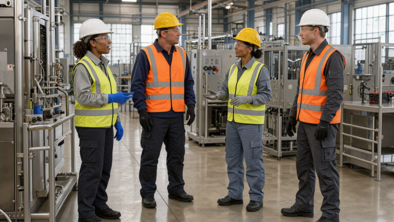 Deux femmes et deux hommes portant des équipements de protection se réunissent dans un environnement industriel lumineux pour une discussion sur la sécurité au travail.