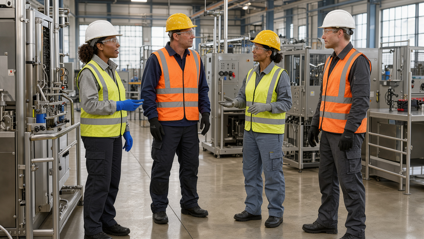 Deux femmes et deux hommes portant des équipements de protection se réunissent dans un environnement industriel lumineux pour une discussion sur la sécurité au travail.