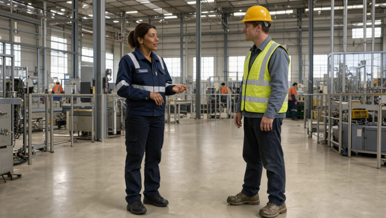 Une responsable de la sécurité échange calmement avec un salarié portant un casque et un gilet réfléchissant dans un site industriel moderne.