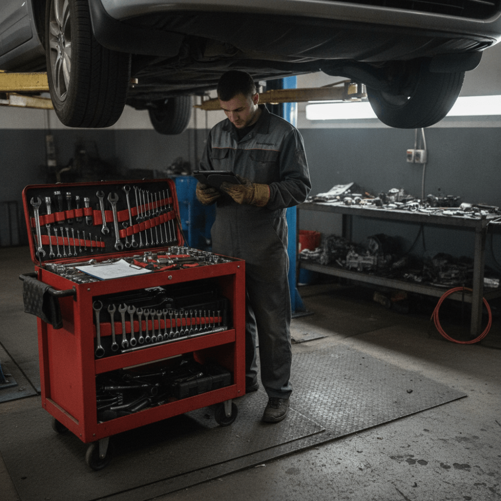 Technicien automobile travaillant sur véhicule dans atelier de concession moderne avec outils professionnels de diagnostic